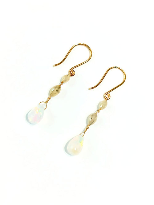 Opal Drop 2.7 carat  & Diamond Bead 1.40 carat 14kt Gold Earring