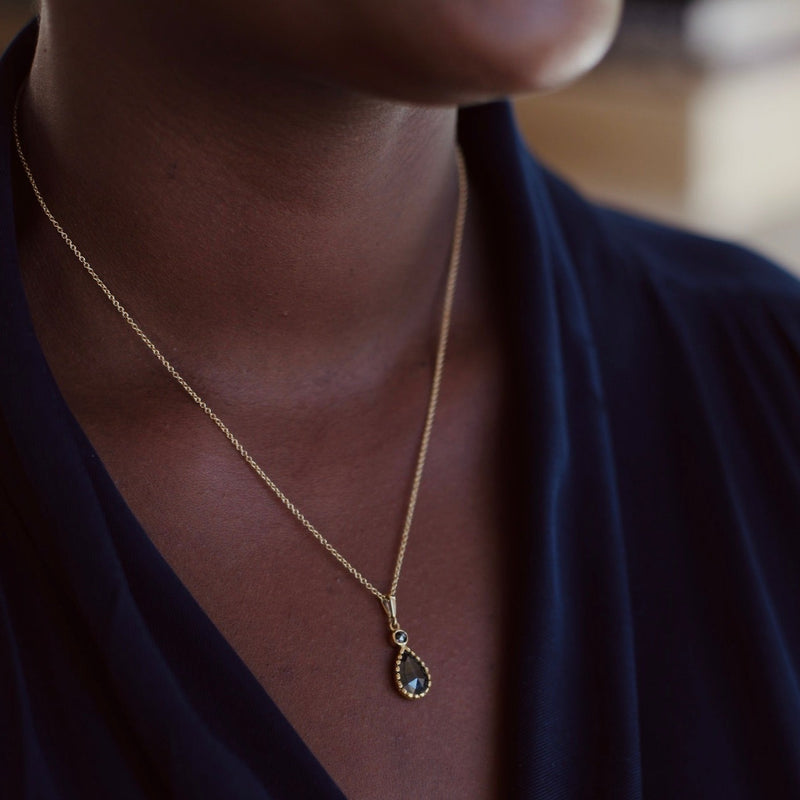 Black Diamond Round Rose Cut  9kt Gold Pendant with Chain