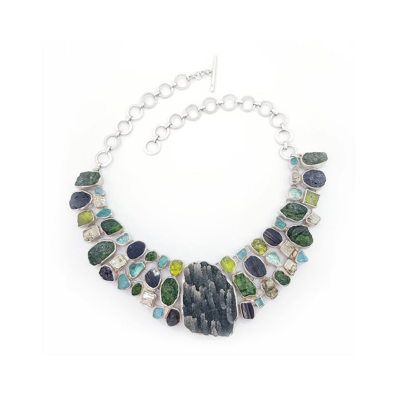 Peridot Pyrite Black Tourmaline & Apatite Silver Necklace
