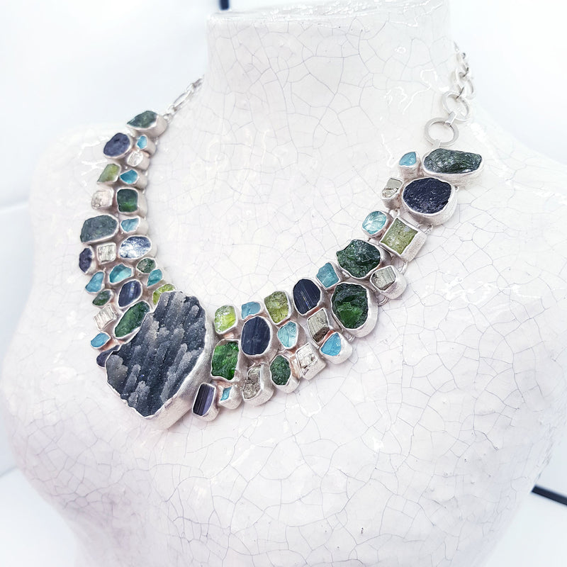 Peridot Pyrite Black Tourmaline & Apatite Silver Necklace