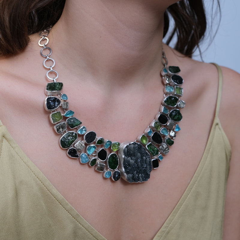 Peridot Pyrite Black Tourmaline & Apatite Silver Necklace