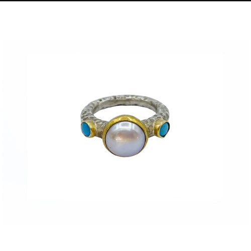 Pearl Turquoise Silver & Gold Ring