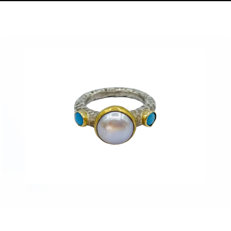Pearl Turquoise Silver & Gold Ring