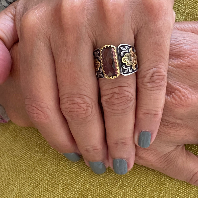 Tourmaline Hamsa Gold & Silver Ring