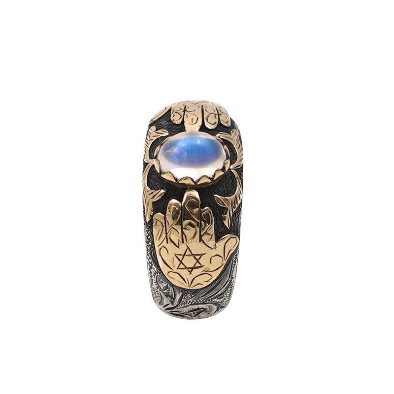 Rainbow Moonstone Gold & Silver Hamsa Ring