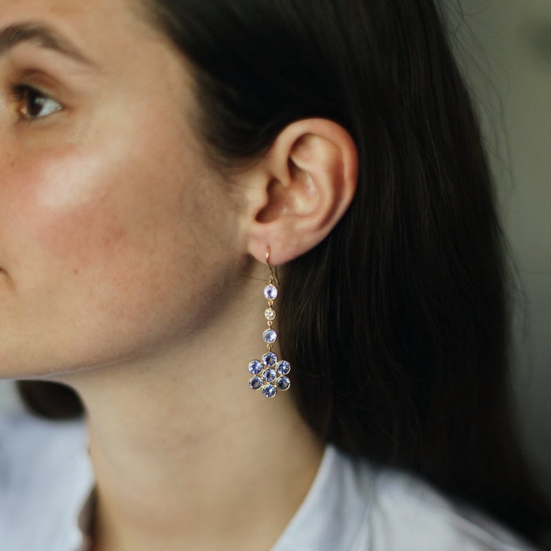 Tanzanite & Diamond Flower Drop Earrings