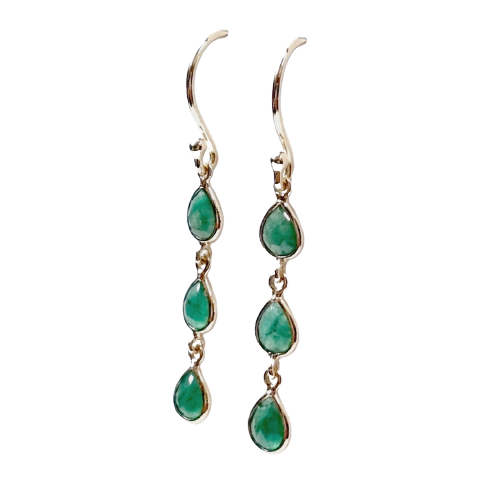 Emerald Rose Cut Carat 3 Stone Drop 14kt Earrings
