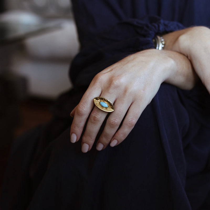 Turquoise Yellow Gold & Silver Leaf Ring