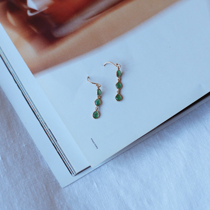 Emerald Rose Cut Carat 3 Stone Drop 14kt Earrings
