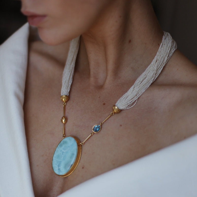 Pearl, Larimar, Diamond & Aquamarine Necklace