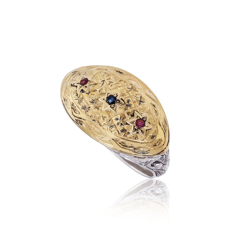 Ruby & Emerald Star of David Gold & Silver Ring